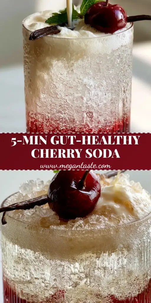 A close-up of a layered cherry vanilla soda in a ribbed glass with deep red syrup at the bottom, fizzy sparkling water, and a creamy vanilla foam top, garnished with a mint sprig and vanilla bean.
