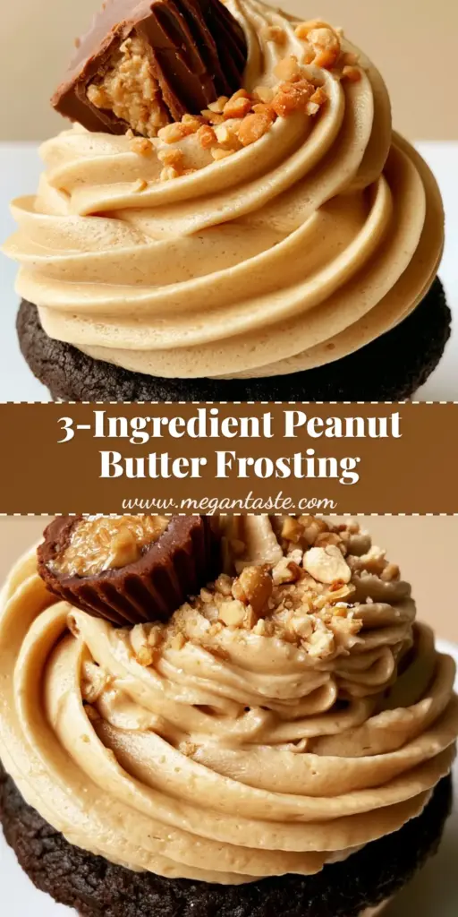 A towering swirl of light golden-brown peanut butter frosting on a dark chocolate cupcake base, garnished with a halved mini peanut butter cup and crushed peanuts.