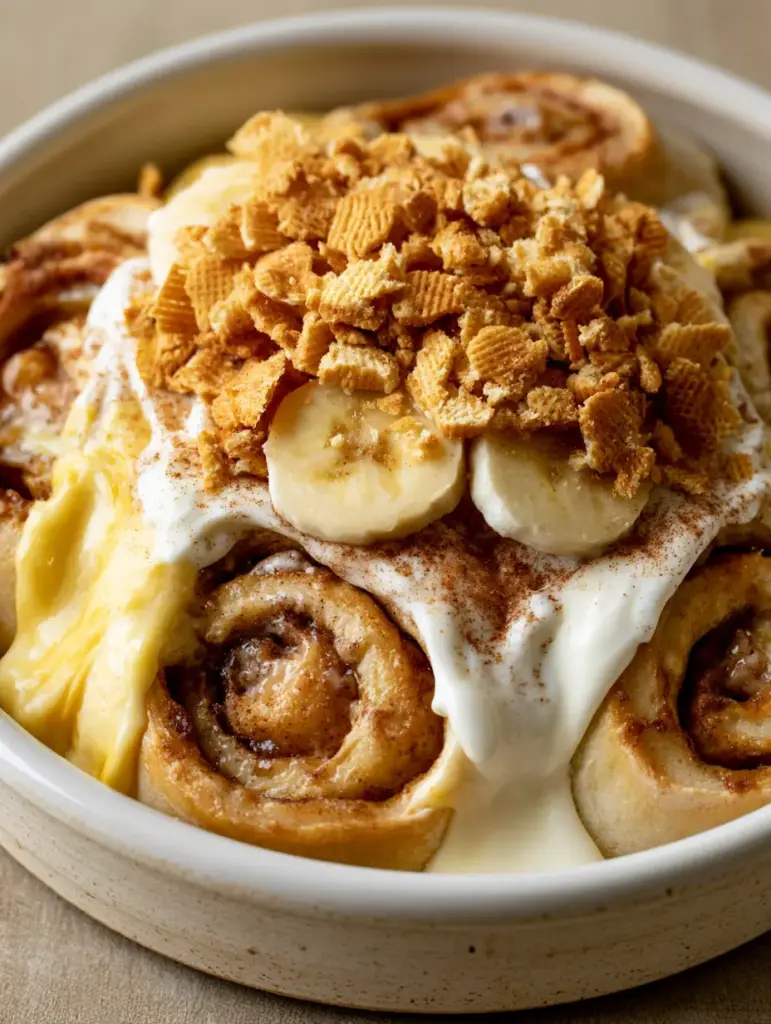Close up of warm banana pudding cinnamon rolls with gooey icing cascading down the sides and visible cinnamon swirls.