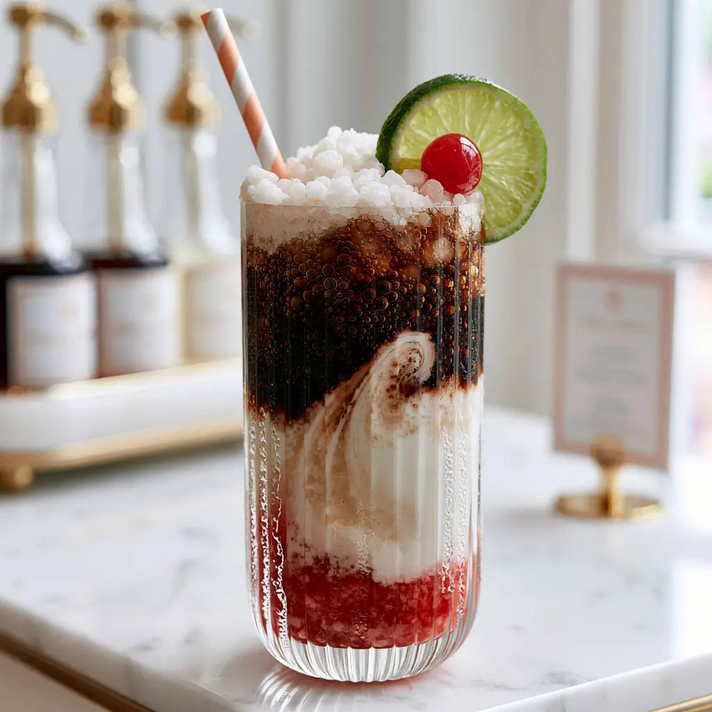 Close up of a dirty soda with red coconut-strawberry syrup and a heavy cream swirl. (dirty soda bar)