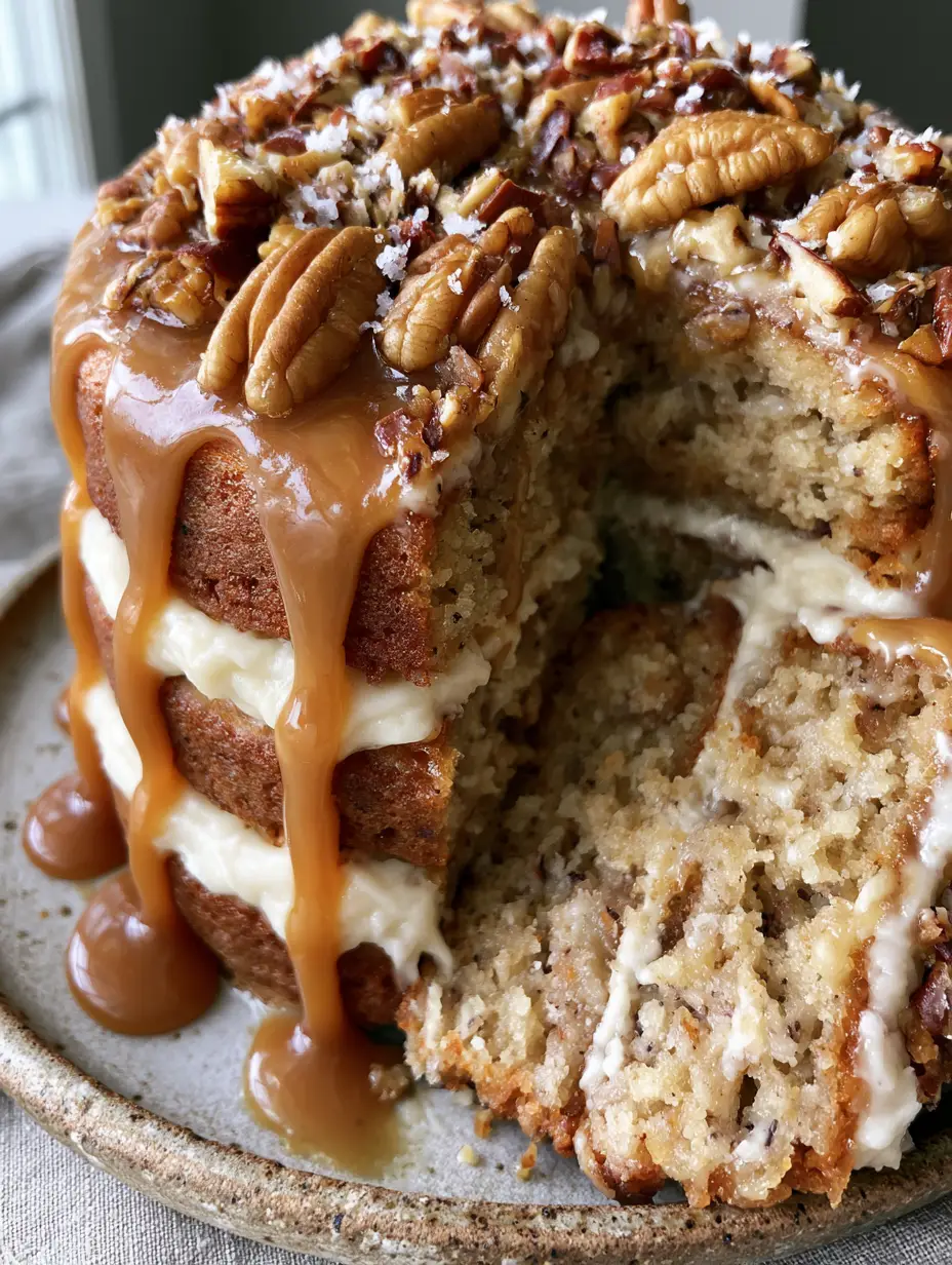 Close-up slice of Banana Pecan Caramel Layer Cake showing moist layers with visible banana flecks and fluffy cream cheese frosting.