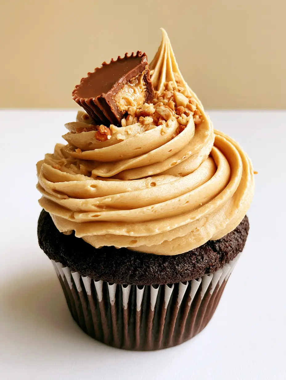 Extreme close-up of creamy peanut butter frosting showing delicate ridges and a silky whipped texture on a moist chocolate cupcake. (peanut butter frosting)