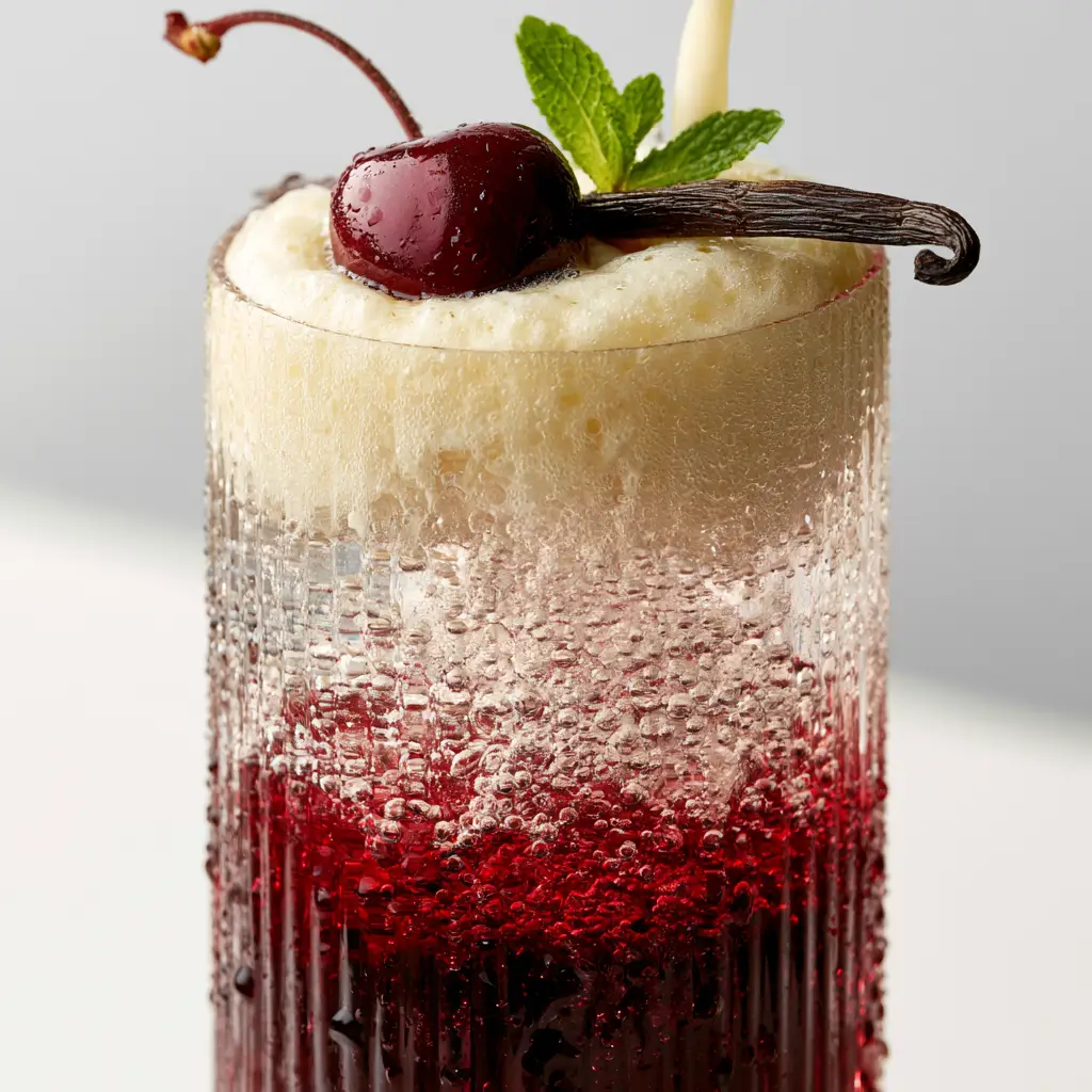 A macro shot of a cherry vanilla soda showing condensation droplets and active fizzy micro-bubbles in a ribbed glass.