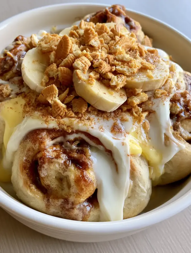 Banana Pudding Cinnamon Rolls: The Ultimate Gooey Dessert Mashup 1 Rustic white ceramic dish filled with golden-brown cinnamon rolls topped with pale-yellow banana slices and crushed golden cookies.