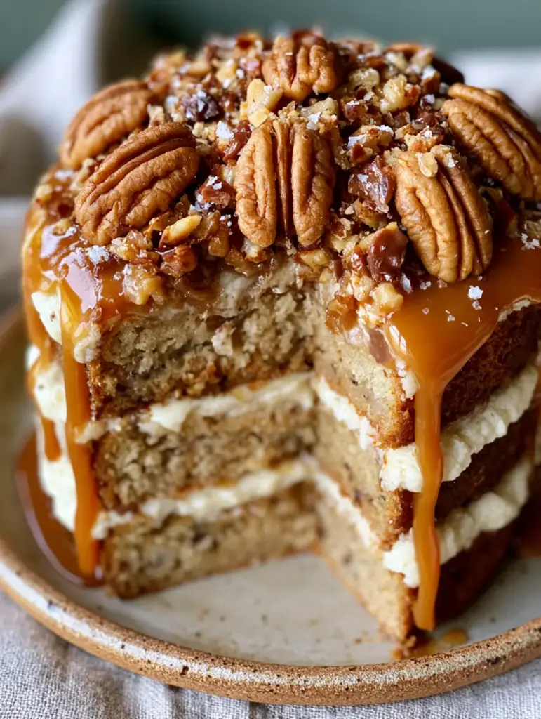Top view of Banana Pecan Caramel Layer Cake crowned with whole toasted pecans, praline pieces, and flaky sea salt.