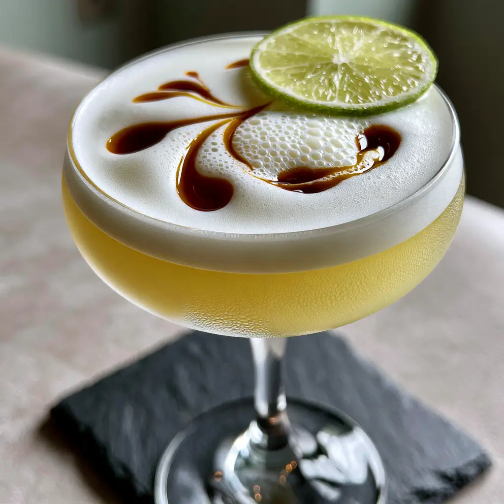 Side view of a tequila sour showing the translucent pale-yellow base and thick white foam top.
