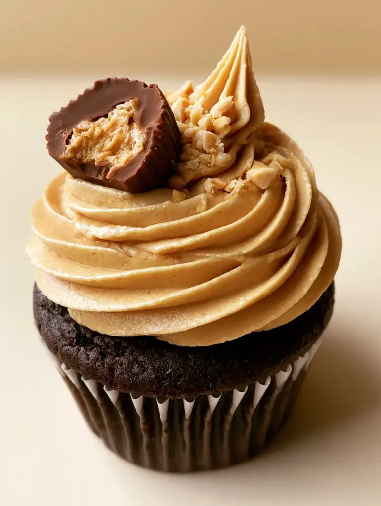 A side view of the peanut butter frosting topped cupcake with a halved Reese's cup nestled into the whipped peak.