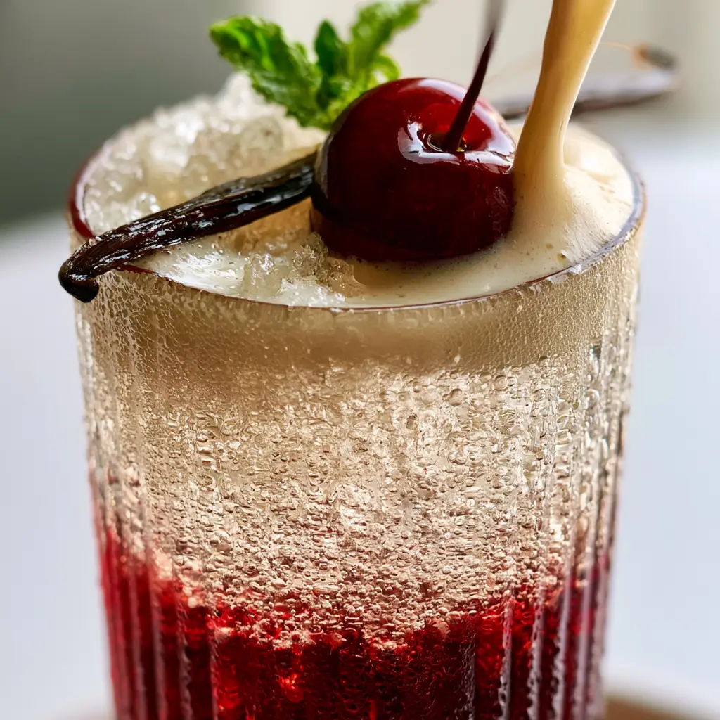 Dynamic pour of creamy vanilla foam into a glass of cherry vanilla soda with crushed ice.