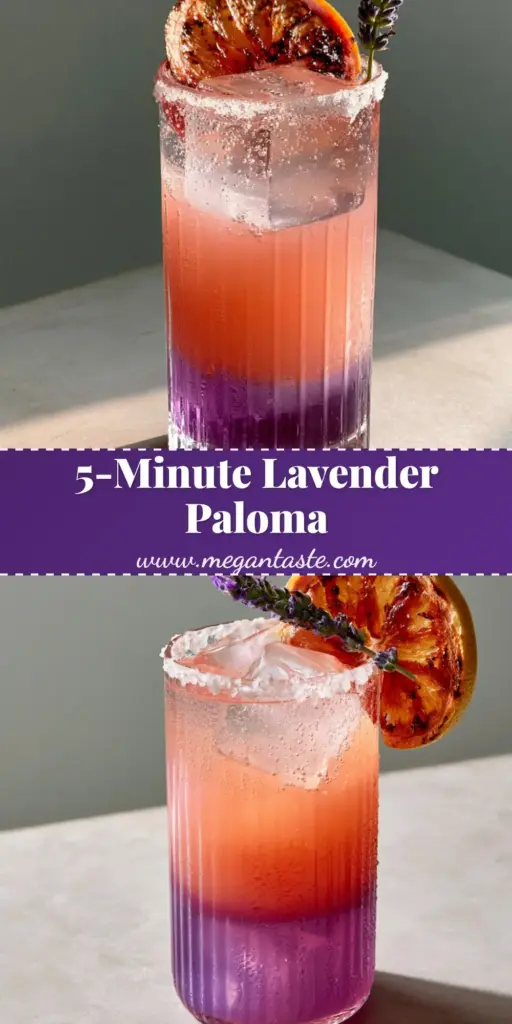A handheld photo of a layered lavender paloma with purple syrup and pink juice in a ribbed glass. (lavender paloma)