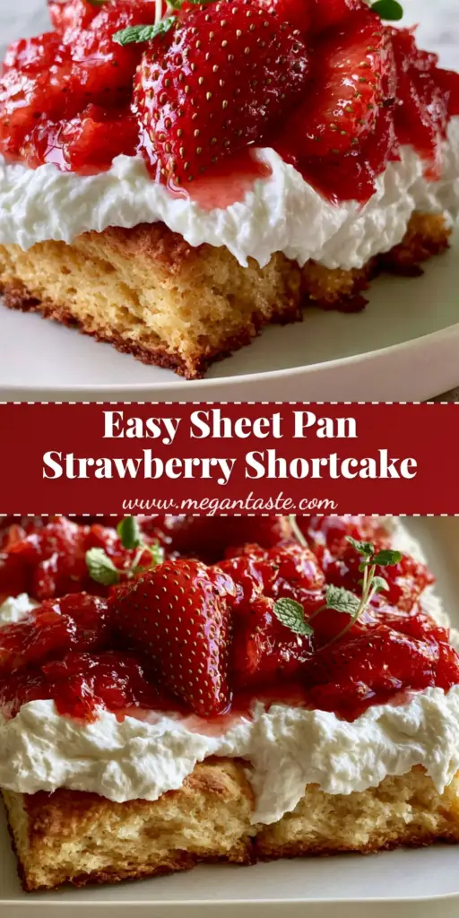 A close-up vertical shot of sliced slab strawberry shortcake showing a thick golden biscuit base and billowy whipped cream.