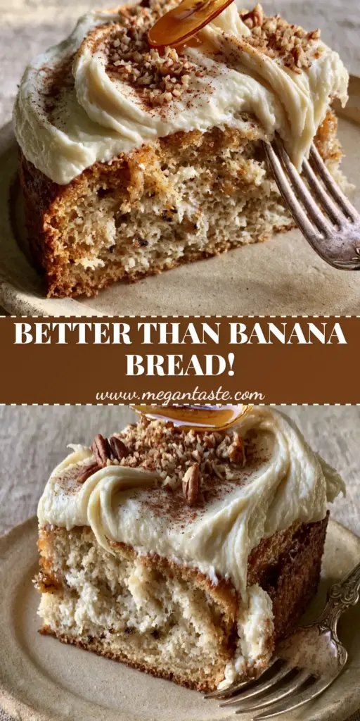 A thick slice of moist Banana Cake with pillowy cream cheese frosting, toasted pecans, and a honey-glazed banana slice on a beige plate.