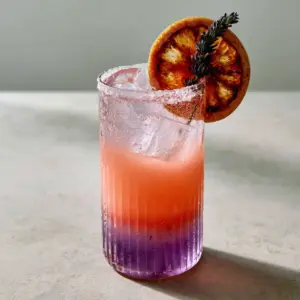 Close up of a lavender paloma featuring square ice cubes and a charred grapefruit wheel. (lavender paloma)