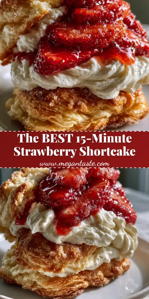 Strawberry shortcakes with Flaky Buttermilk Biscuits and Vanilla Bean Cream 4 A towering single Strawberry shortcake on a white plate with visible flaky layers and vibrant red berries.