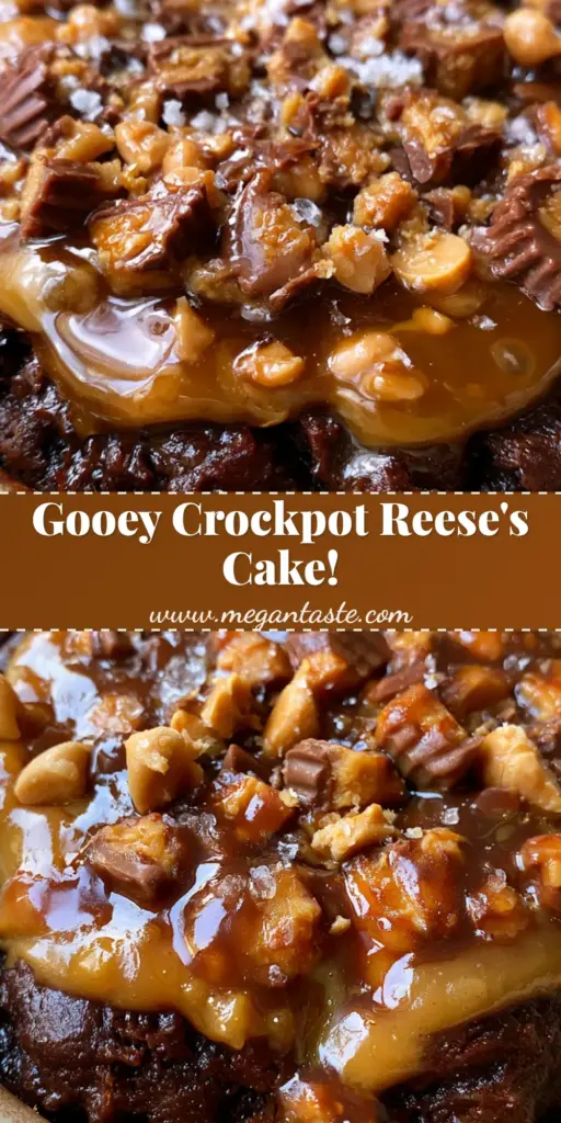 A top-down view of a crock-pot reese's cake showing bubbling peanut butter and melted chocolate cups in a rustic pot.