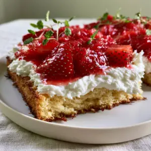 Close-up of slab strawberry shortcake slice with glistening macerated berries and micro-mint garnish.