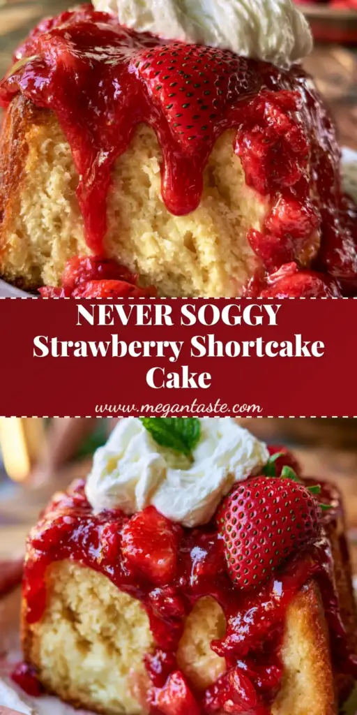 Strawberry Shortcake Pound Cake with Rich Cream Cheese 3 A close-up vertical shot of a strawberry shortcake pound cake slice with crimson glaze and whipped cream on a ceramic plate.