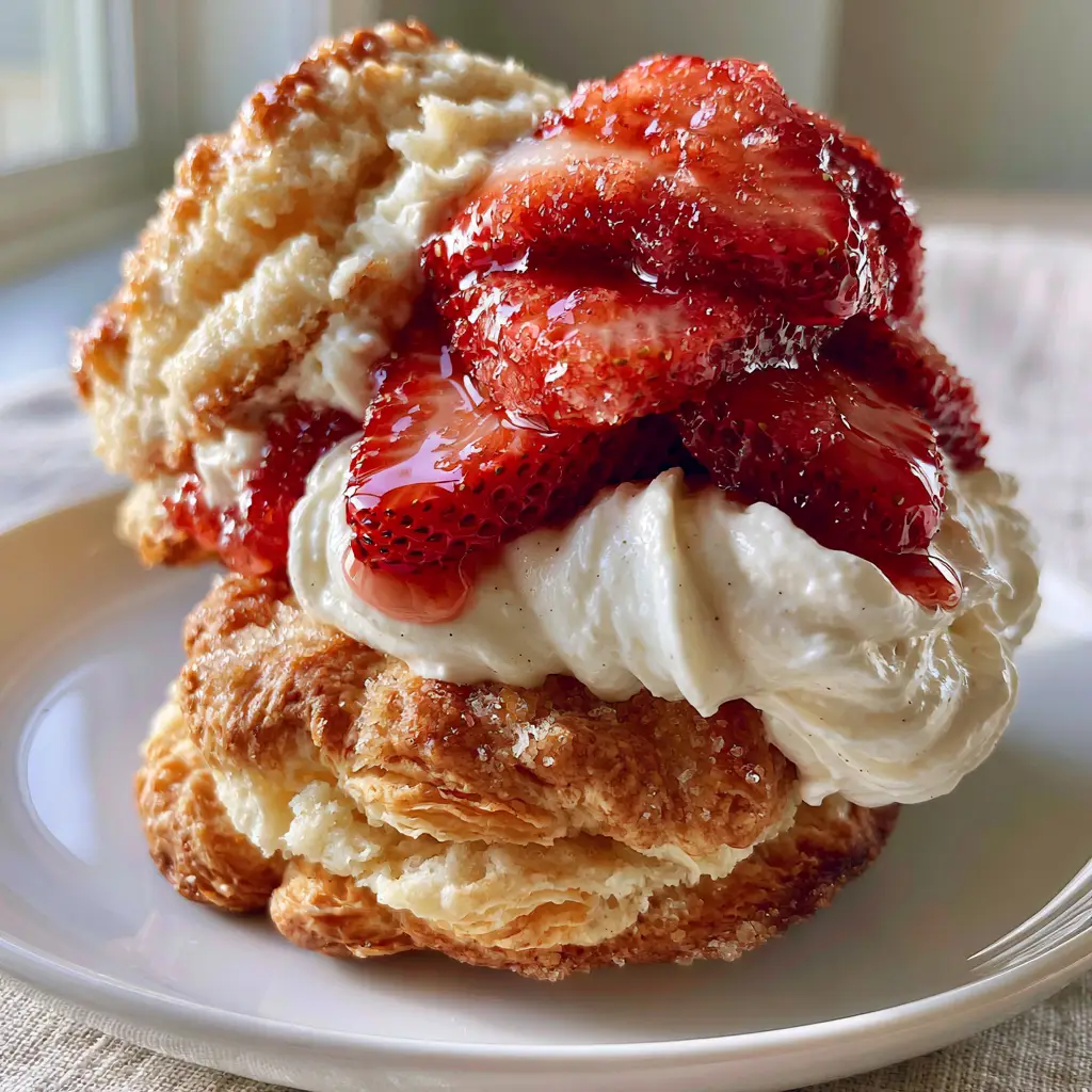 Close-up of Strawberry shortcakes highlighting the thick vanilla whipped cream and sparkling turbinado sugar crust.