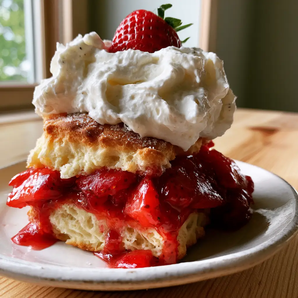 Paula Deen Strawberry Shortcake: The Ultimate Southern Comfort Dessert 2 Macro shot of a split buttermilk biscuit showing its craggy interior and glossy red strawberry syrup. (Paula Deen Strawberry Shortcake)