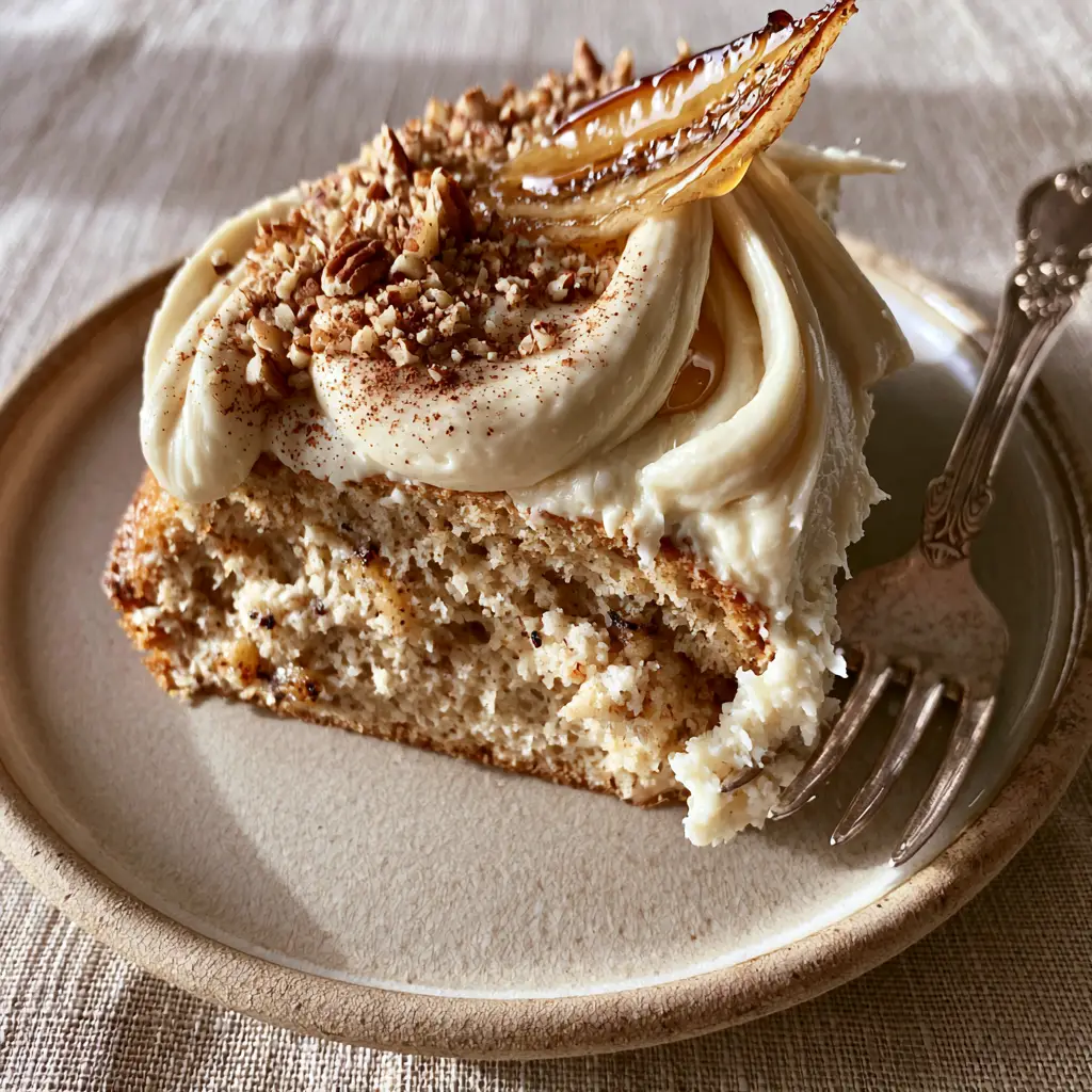 A smartphone photo of a single slice of Banana Cake showing the soft cloud-like crumb and ivory frosting swoops.