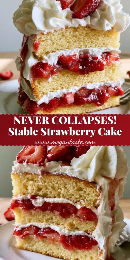 Strawberry shortcake layer cake with Golden Vanilla Sponge 4 A close-up vertical shot of a strawberry shortcake layer cake slice with visible jam filling and stiff whipped cream peaks on a white plate.