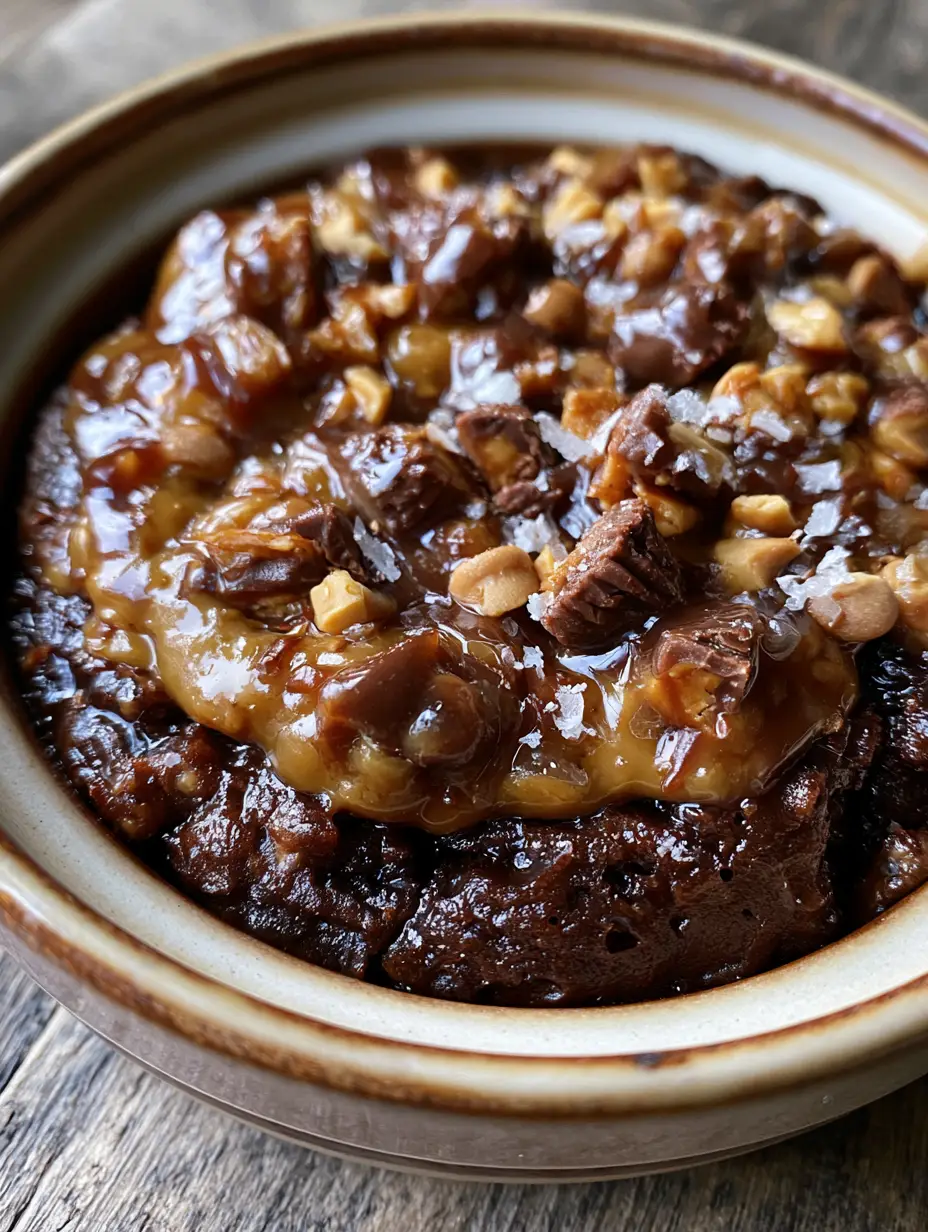 Close-up of moist dark chocolate cake base with oozing golden peanut butter in a slow cooker. (crock-pot reese's cake)