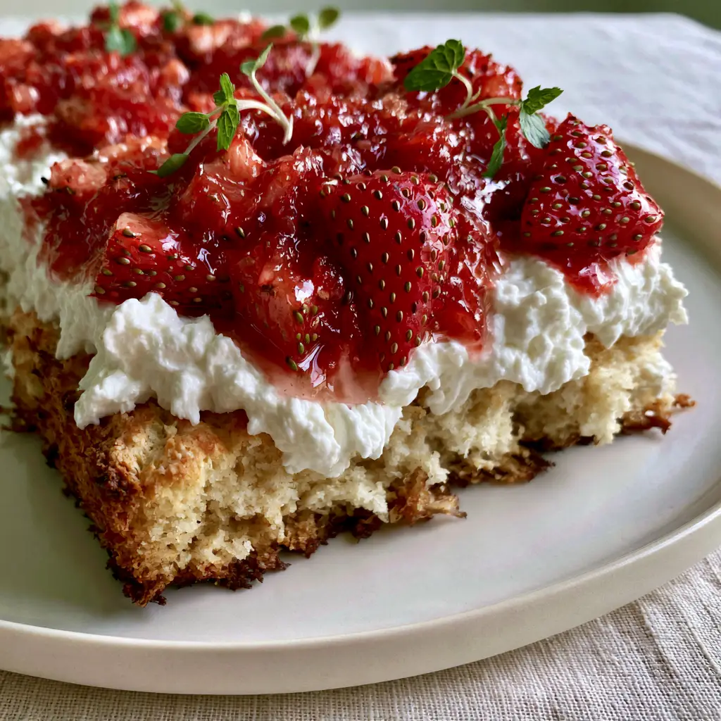 A wide shot of a sheet pan filled with slab strawberry shortcake on a linen tablecloth.