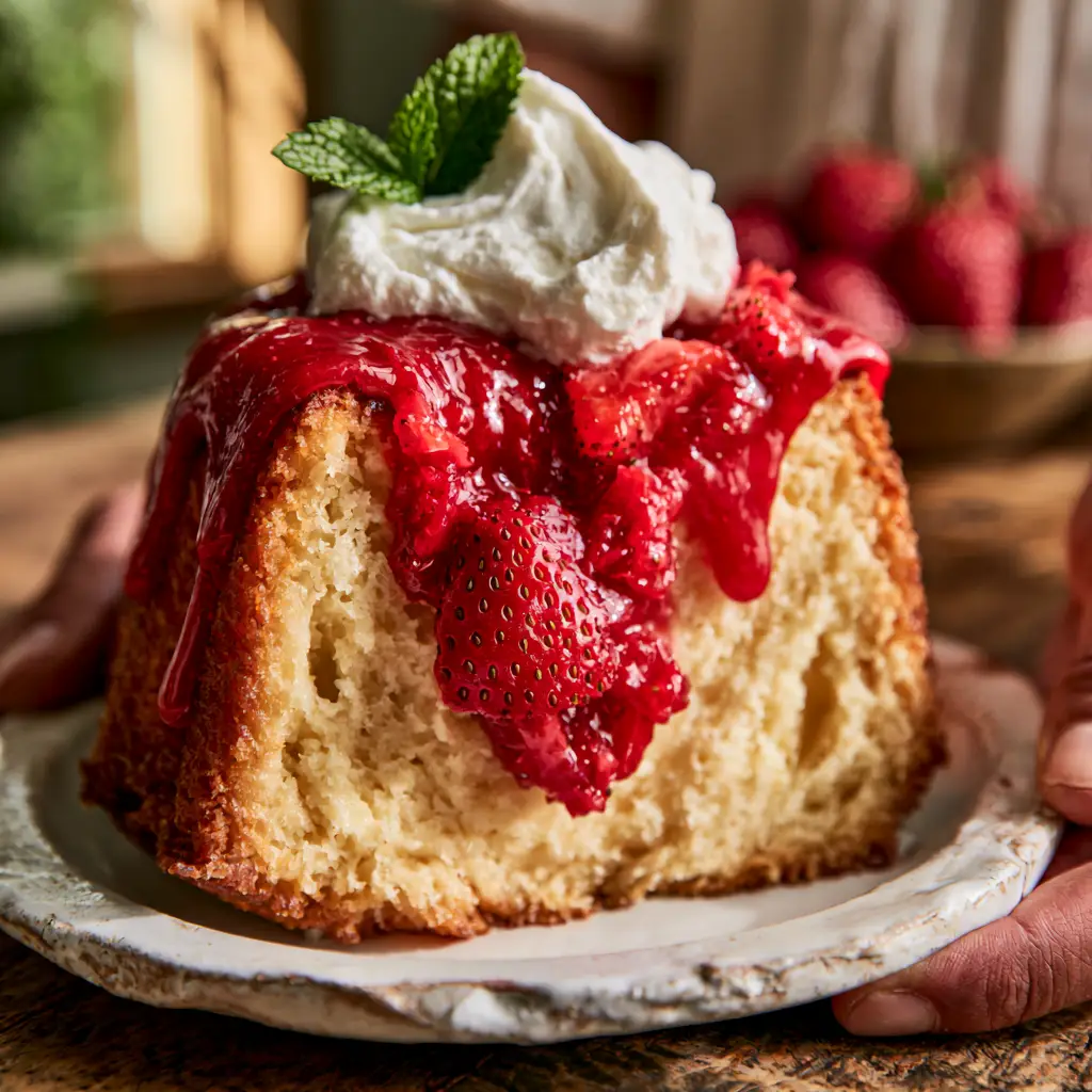 A handheld smartphone photo of a golden cream cheese pound cake slice dripping with strawberry glaze and topped with mint. (strawberry shortcake pound cake)