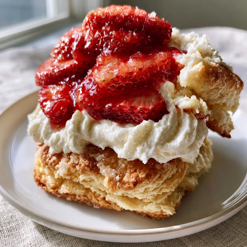 Strawberry shortcakes with Flaky Buttermilk Biscuits and Vanilla Bean Cream 1 Macro shot of sliced macerated strawberries glistening with a natural ruby-colored juice drizzle on a biscuit.