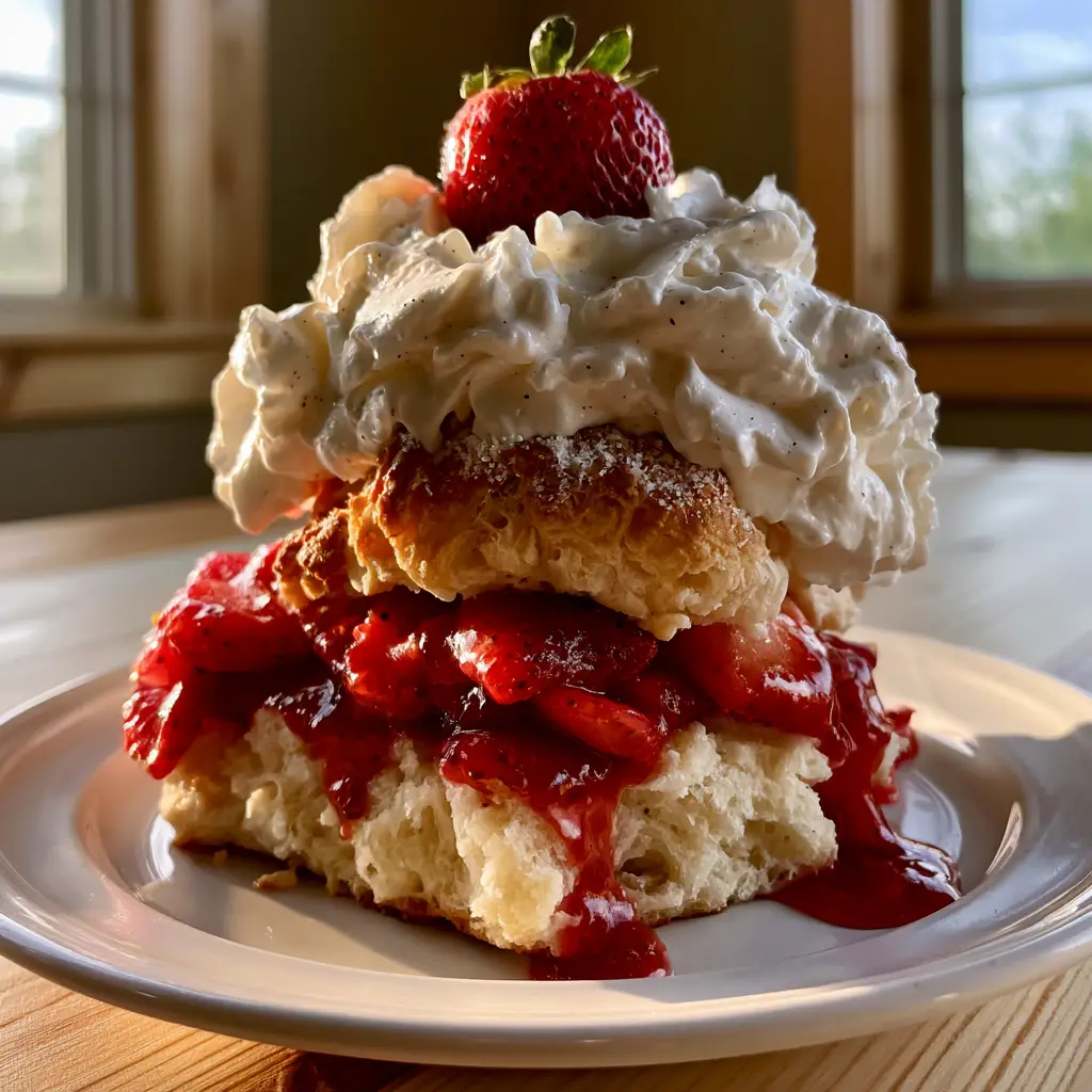 Paula Deen Strawberry Shortcake: The Ultimate Southern Comfort Dessert 1 Handheld photo of a towering Southern strawberry shortcake with vanilla bean whipped cream and a whole strawberry garnish.