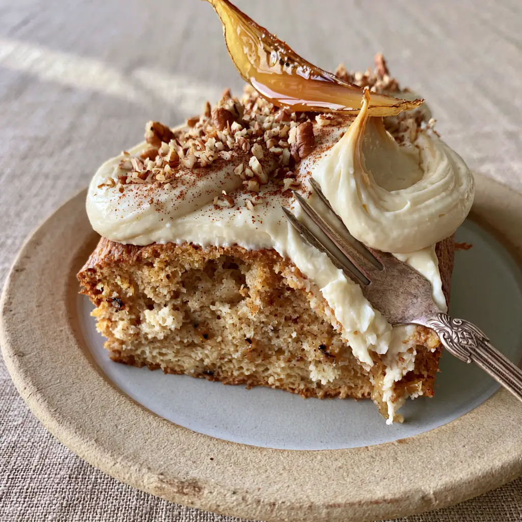 Close up of Banana Cake frosting with toasted pecans, cinnamon dust, and a glossy honey glaze.