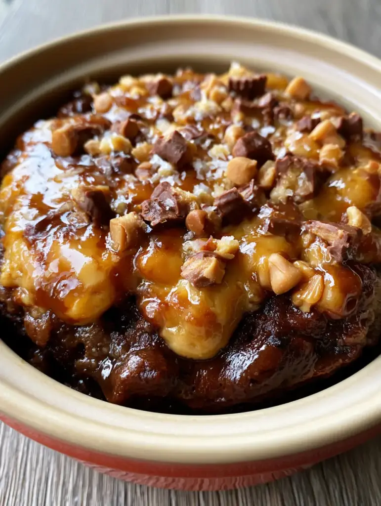 Scooping a serving of crock-pot reese's cake garnished with chopped peanut butter cups and sea salt.