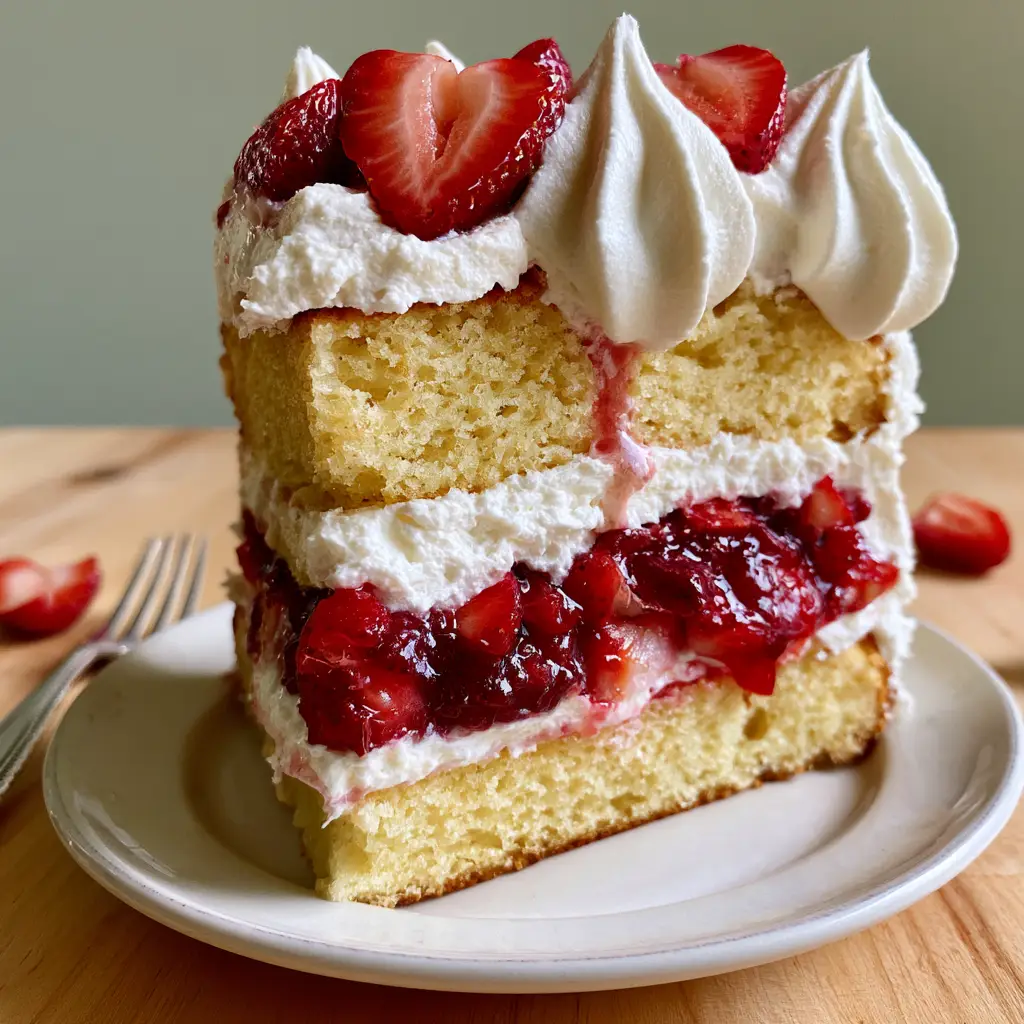 A majestic three-layer strawberry shortcake layer cake with golden vanilla sponge and thick strawberry jam ribbons.