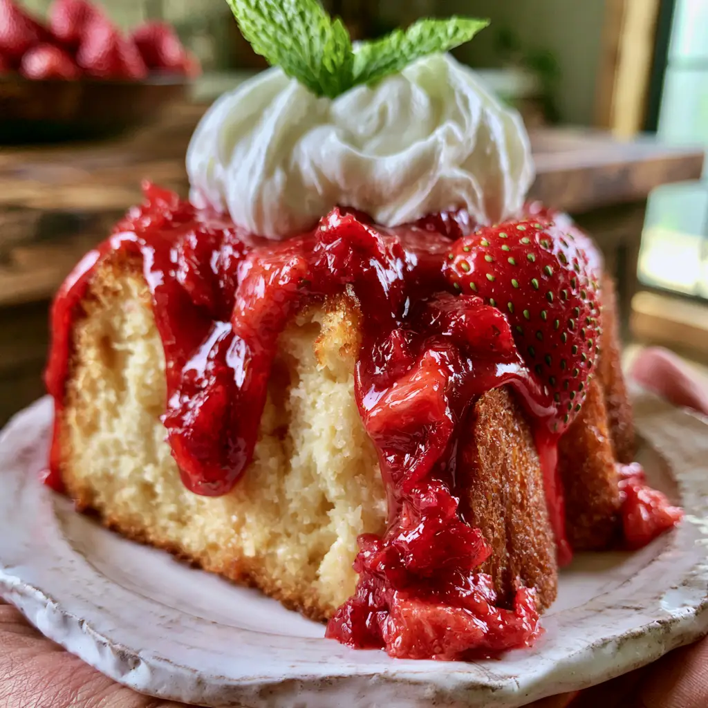 Strawberry Shortcake Pound Cake with Rich Cream Cheese 1 Close up view of macerated strawberry chunks and crimson glaze over a dense golden-brown pound cake.