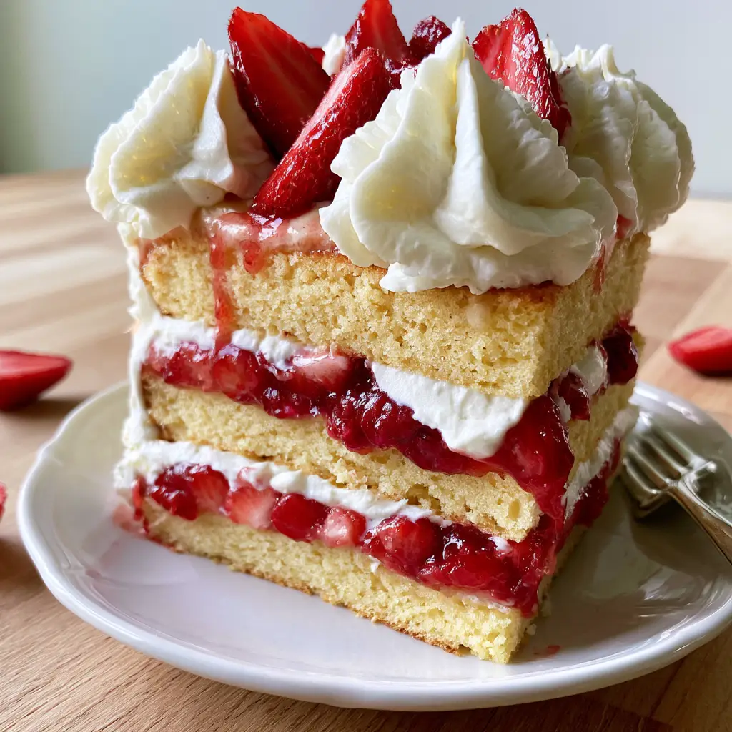 Strawberry shortcake layer cake with Golden Vanilla Sponge 1 A high-angle smartphone photo of a tall strawberry shortcake layer cake with glossy strawberry glaze drips and fresh berry halves.