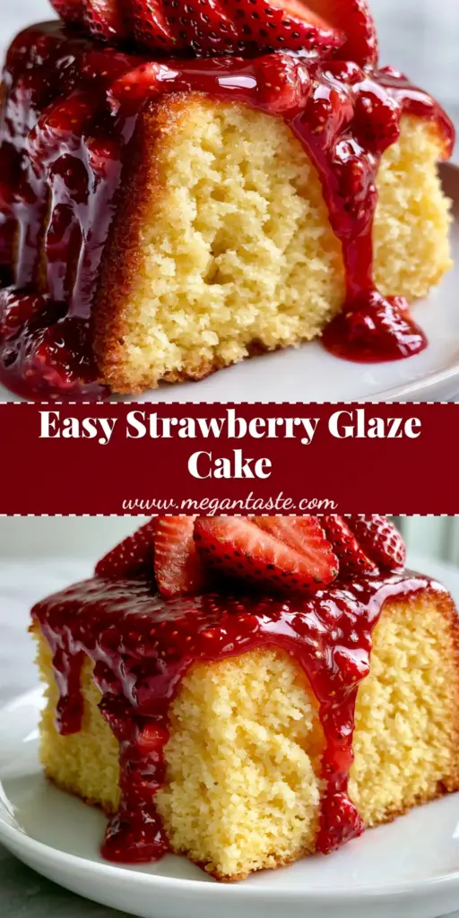 A thick slice of golden-yellow Strawberry glaze cake on a white plate with glossy red sauce and mint.