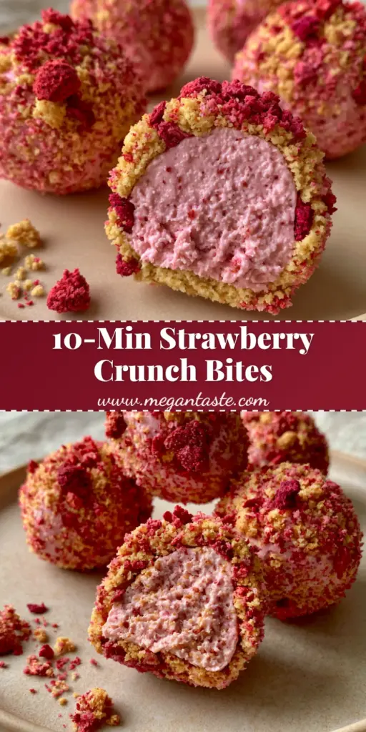 Strawberry Crunch Bites: The Ultimate No-Bake Cheesecake Treat 3 A gourmet plate of strawberry crunch bites featuring a thick coating of golden crumbs and red strawberries with one bite sliced to show a pink cheesecake center.