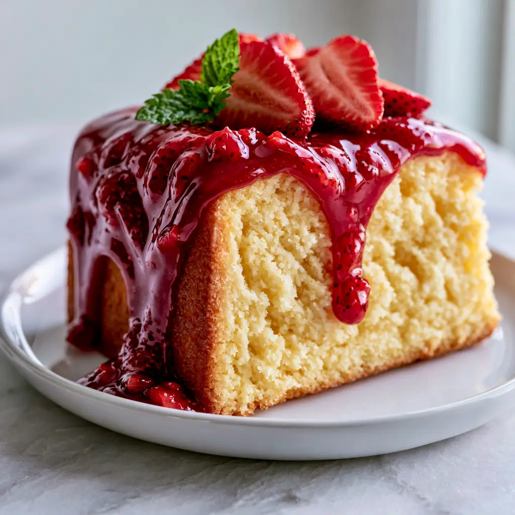 Close-up high-angle shot of Strawberry glaze cake showing moist crumb and cascading red glaze.