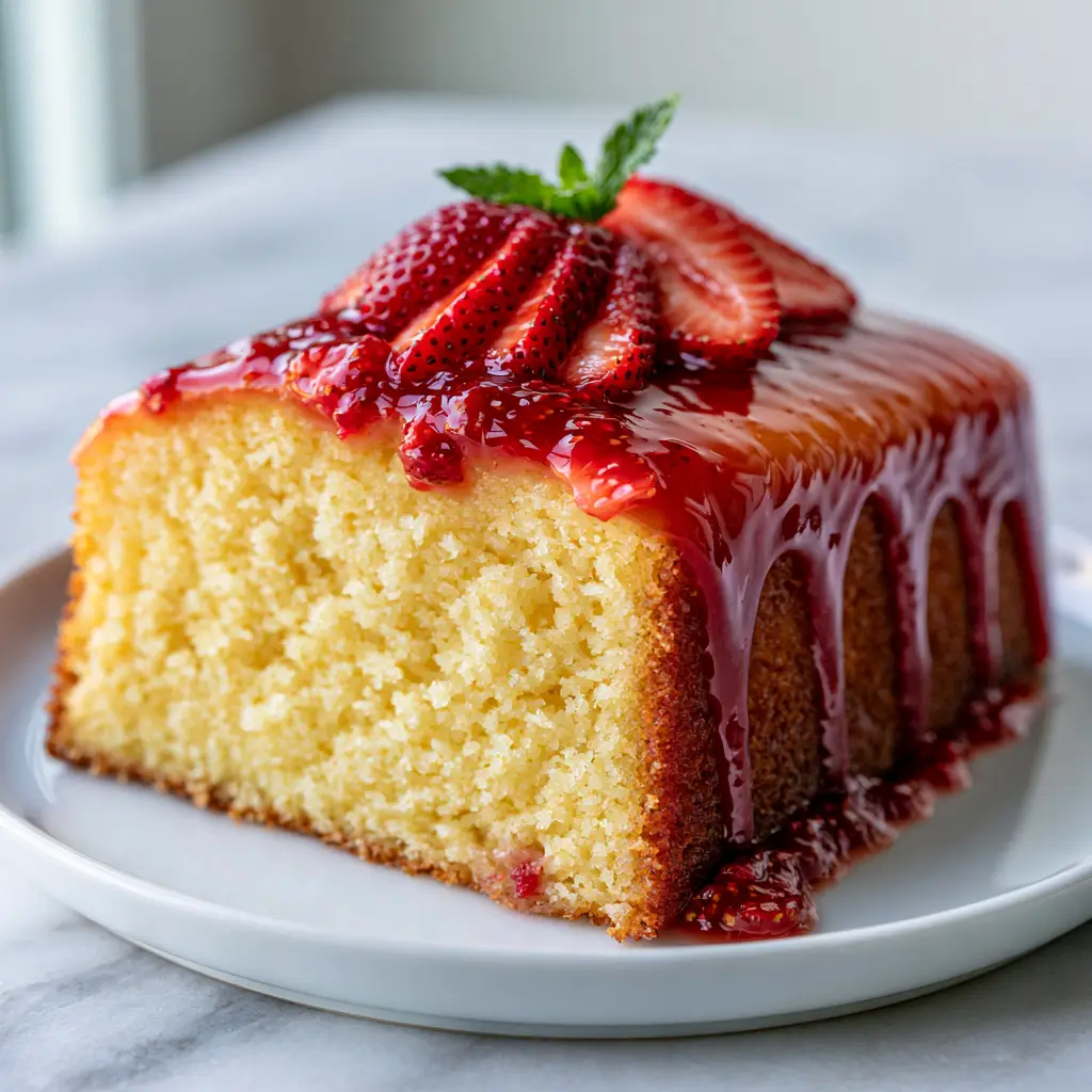 Handheld smartphone style photo of a slice of Strawberry glaze cake on a marble background.
