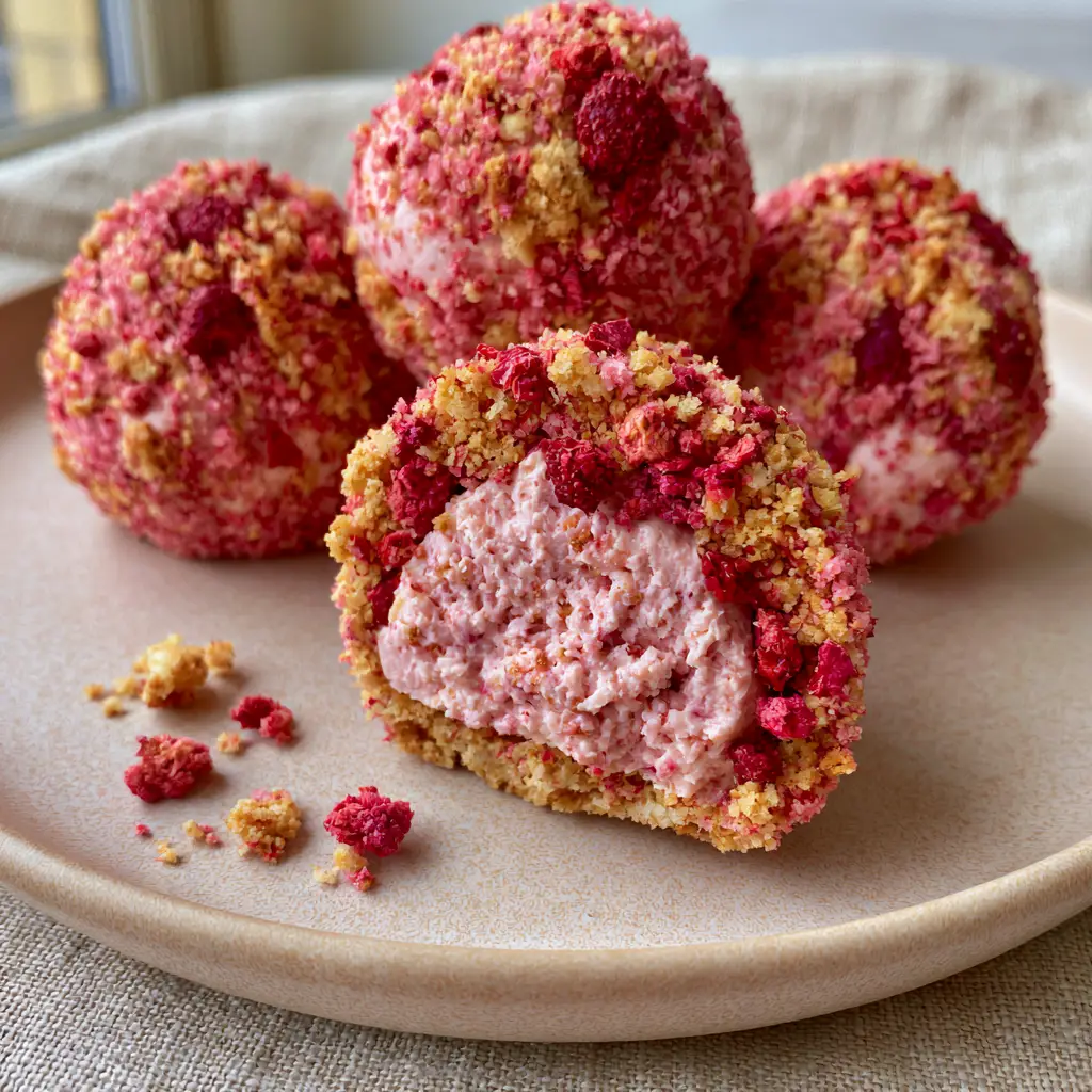 Close up handheld photo of strawberry crunch bites on a ceramic plate with a visible whipped cheesecake interior.