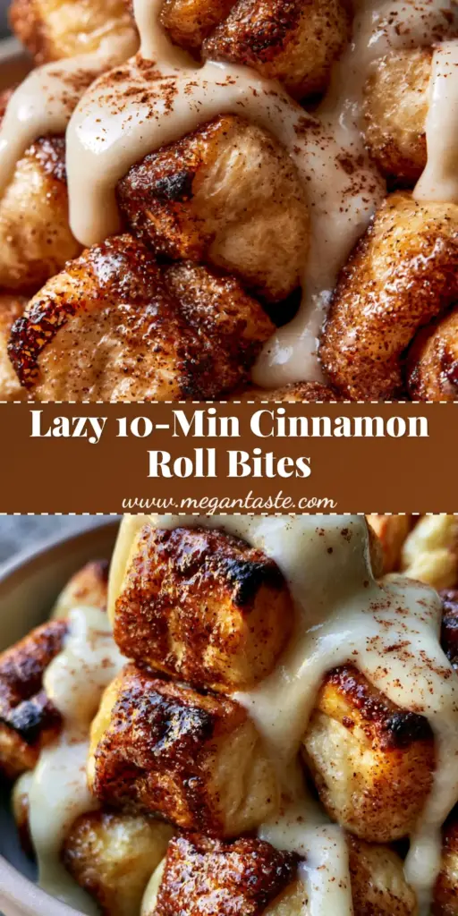 A tall pile of golden-brown air-fried cinnamon roll bites in a bowl with thick ivory glaze dripping down. (Cinnamon roll bites)