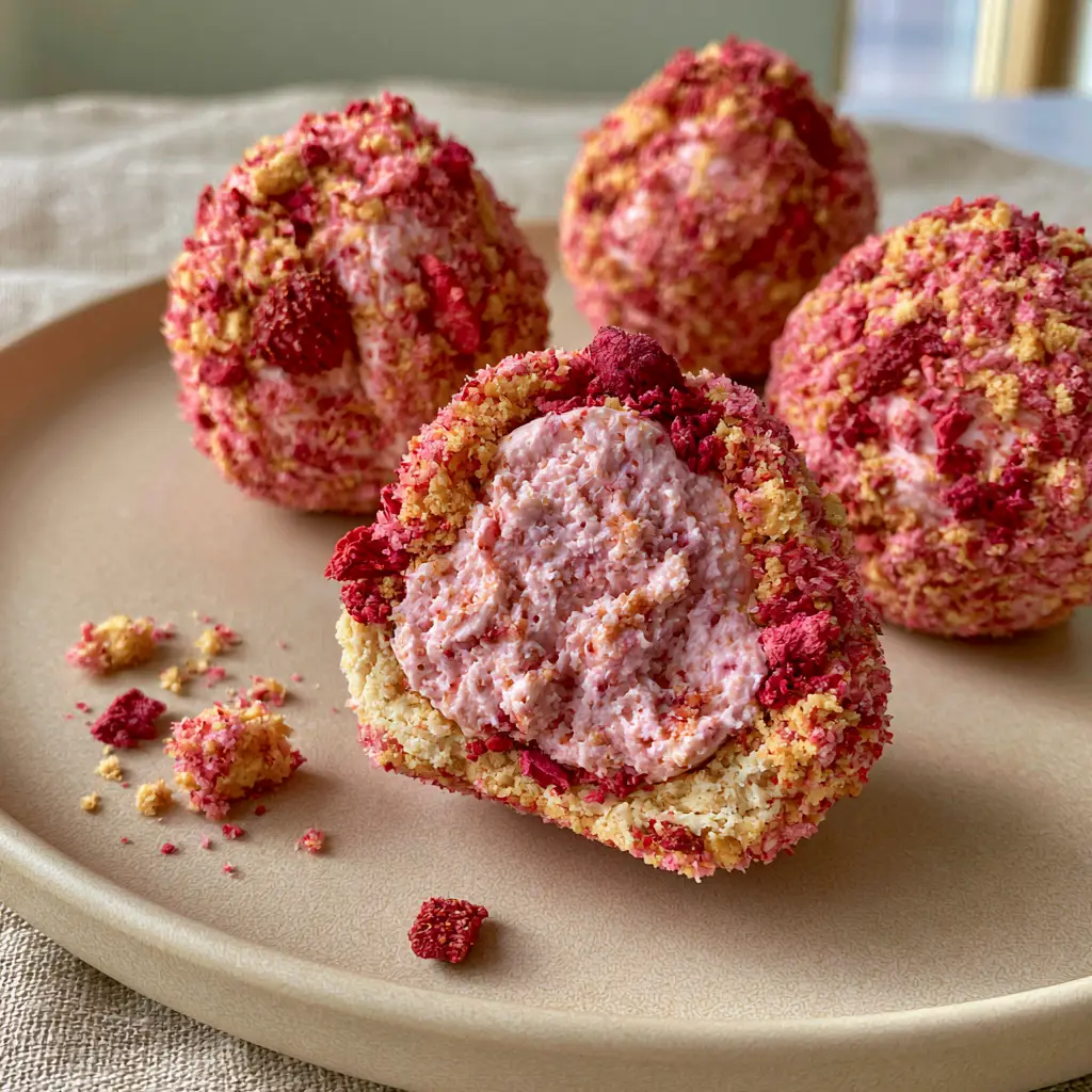 Strawberry Crunch Bites: The Ultimate No-Bake Cheesecake Treat 1 Overhead view of uniform strawberry crunch bites coated in sweet pink and golden crumble.