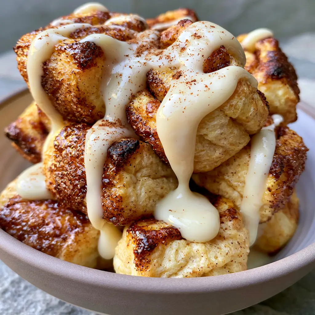 Close up photo of golden-brown pillowy-soft air-fried cinnamon roll bites with caramelized crust. (Cinnamon roll bites)
