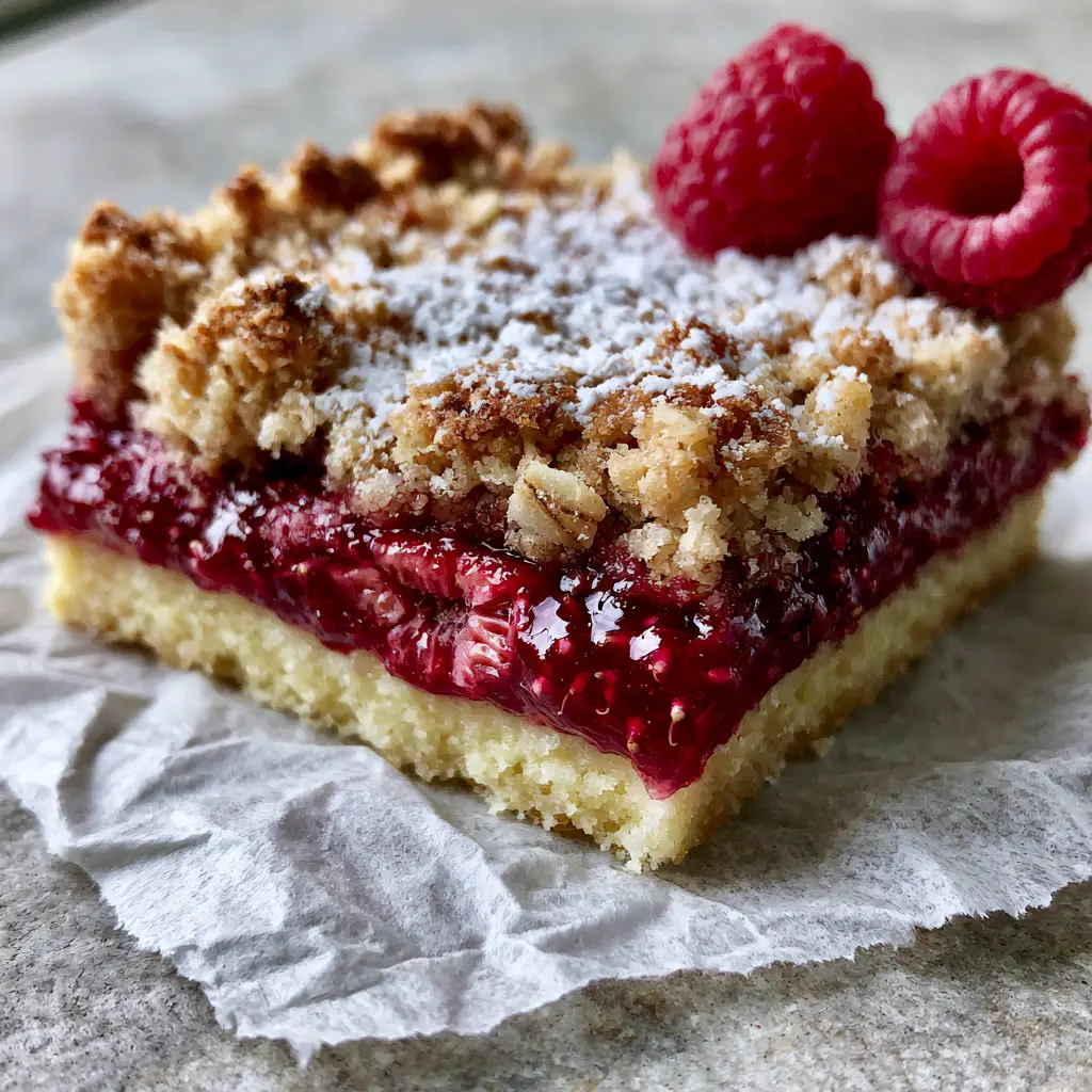 Macro shot of a raspberry crumble bar with oozing red jam and visible raspberry seeds on a stone surface.