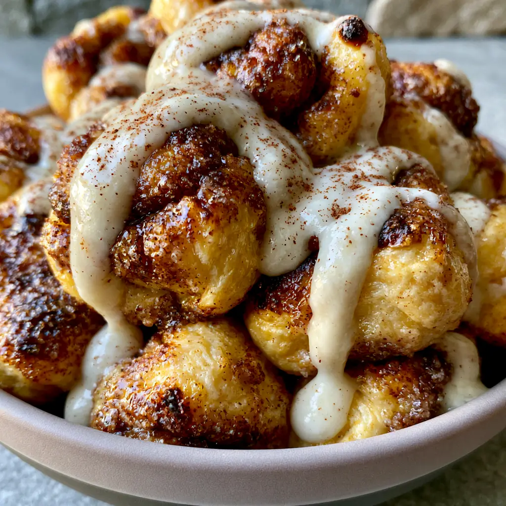 Handheld photo showing a thick ivory cream cheese glaze drizzled over cinnamon roll bites.