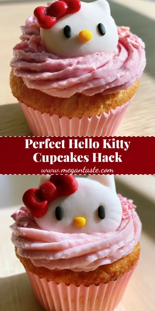 A close-up of a Hello Kitty cupcake with a swirled pink frosting dome and a fondant face topper featuring a red bow.