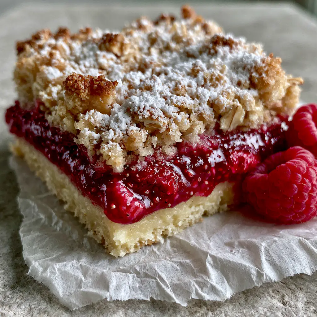 A close-up of golden brown toasted oatmeal crumble topping with a dusting of powdered sugar on a raspberry bar.
