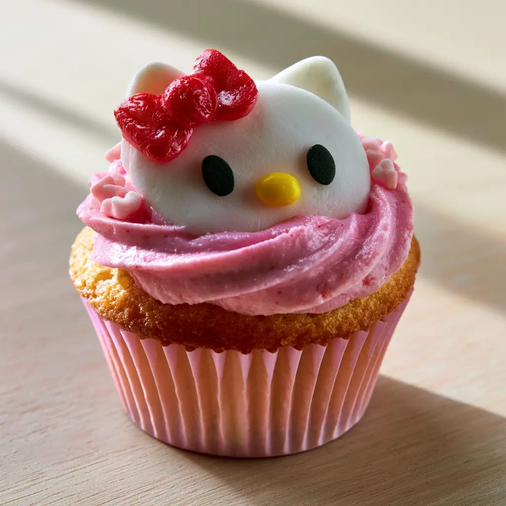 A stack of Hello Kitty cupcakes with glossy strawberry frosting and tiny edible heart sprinkles.