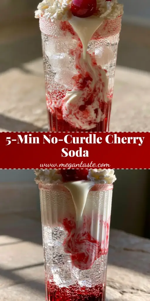 A tall ribbed glass filled with Cherry Italian Cream Soda featuring a ruby-red syrup base, marbled heavy cream, and a whipped cream topping with a single cherry.