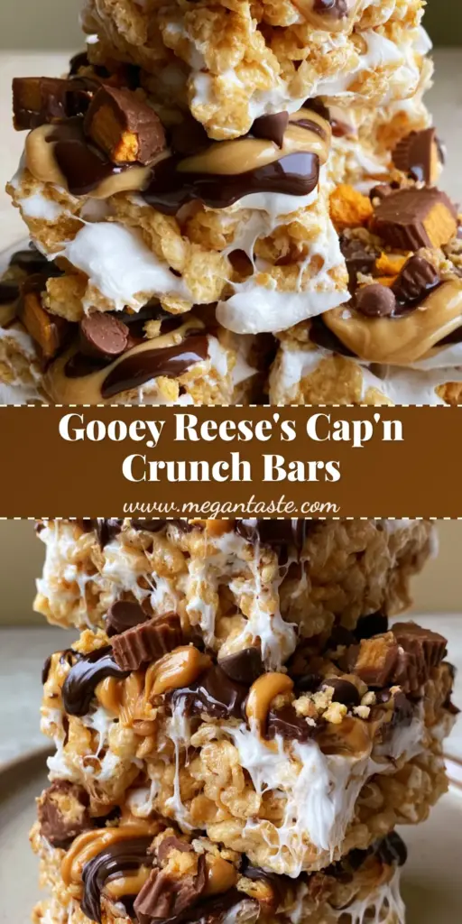 A tall stack of gooey Reese's Peanut Butter Captain Crunch Bars showing a stretching marshmallow web and chocolate drizzle.