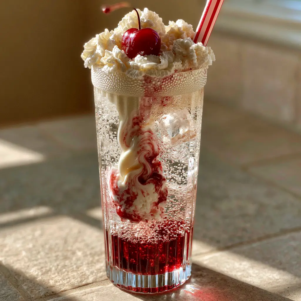 Handheld smartphone photo of heavy cream being poured into a Cherry Italian Cream Soda, showing the marbling effect.